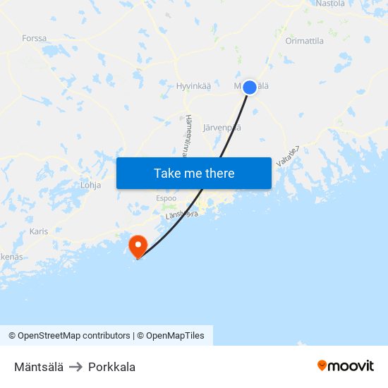 Mäntsälä to Porkkala map