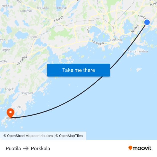 Puotila to Porkkala map