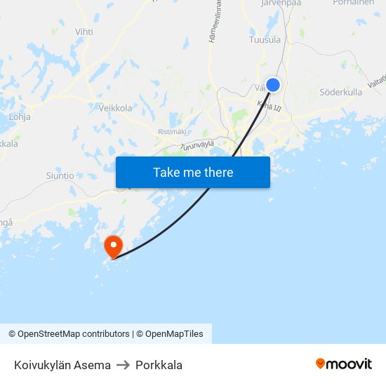 Koivukylän Asema to Porkkala map