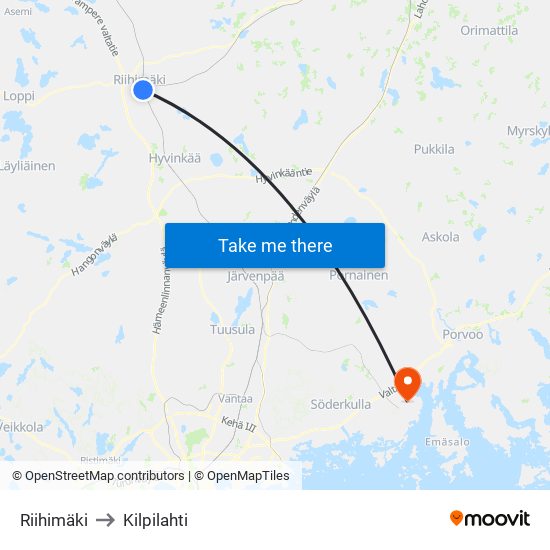 Riihimäki to Kilpilahti map