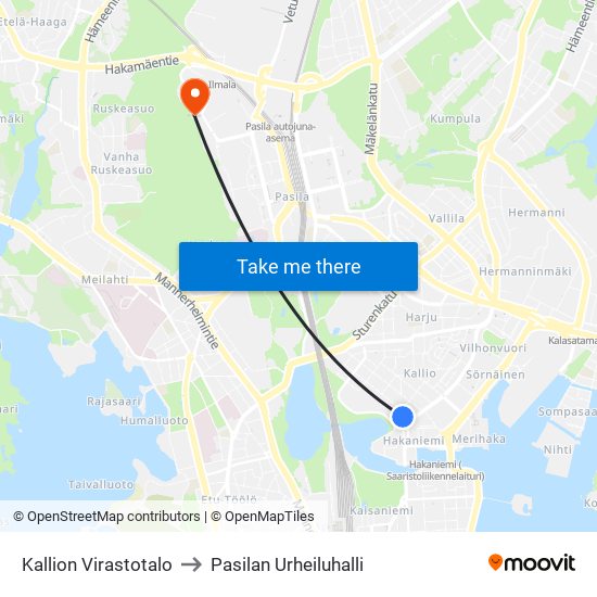 Kallion Virastotalo to Pasilan Urheiluhalli map