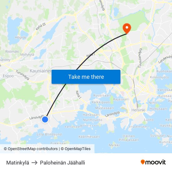 Matinkylä to Paloheinän Jäähalli map