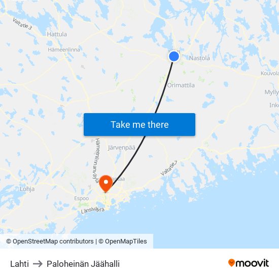 Lahti to Paloheinän Jäähalli map
