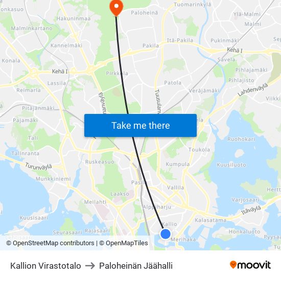 Kallion Virastotalo to Paloheinän Jäähalli map