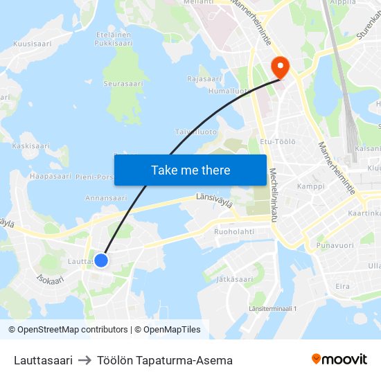 Lauttasaari to Töölön Tapaturma-Asema map