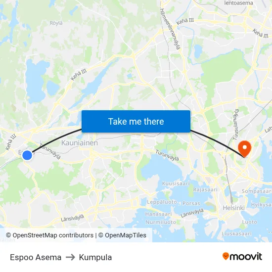 Espoo Asema to Kumpula map