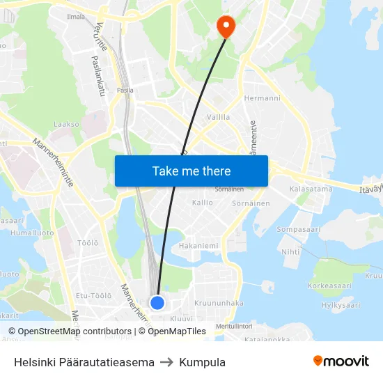 Helsinki Päärautatieasema to Kumpula map