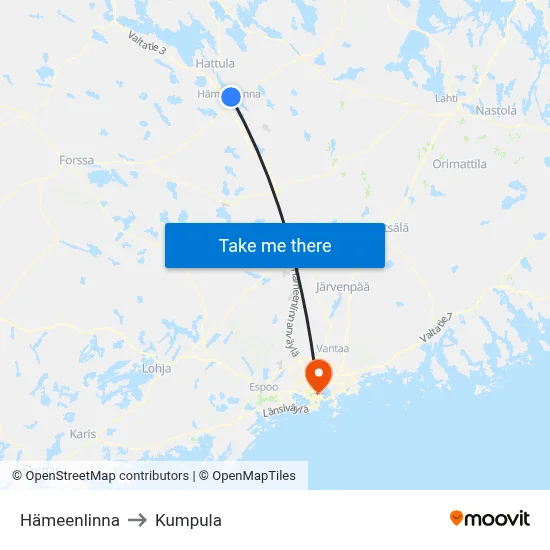 Hameenlinna to Kumpula map