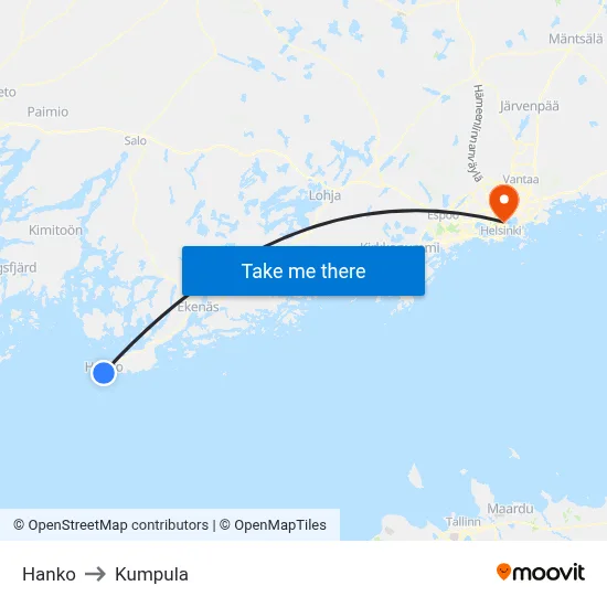 Hanko to Kumpula map