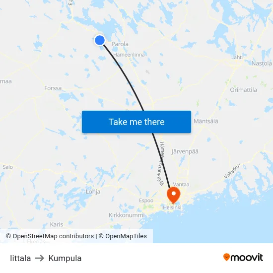 Iittala to Kumpula map