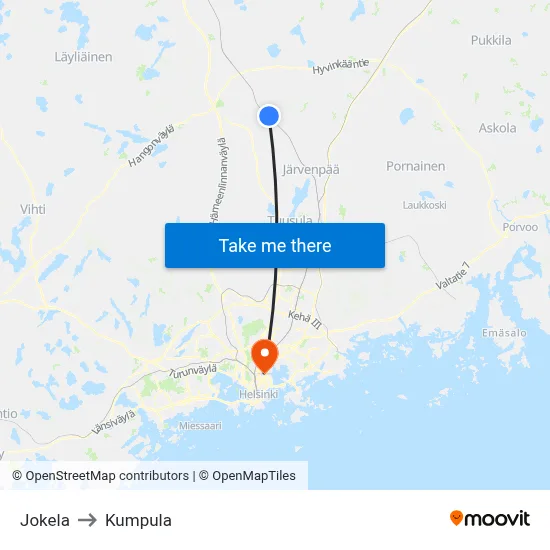 Jokela to Kumpula map