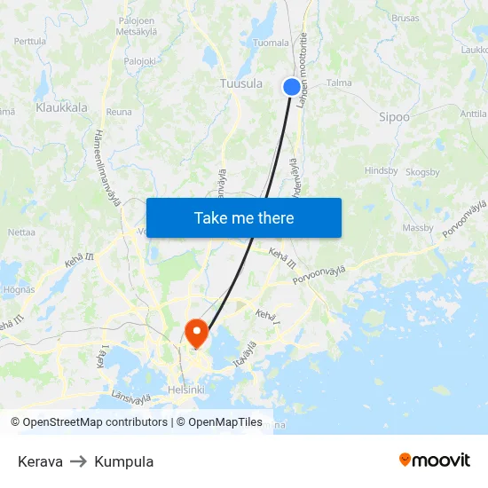 Kerava to Kumpula map