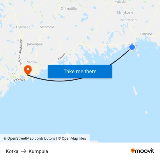 Kotka to Kumpula map