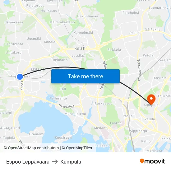 Espoo Leppävaara to Kumpula map