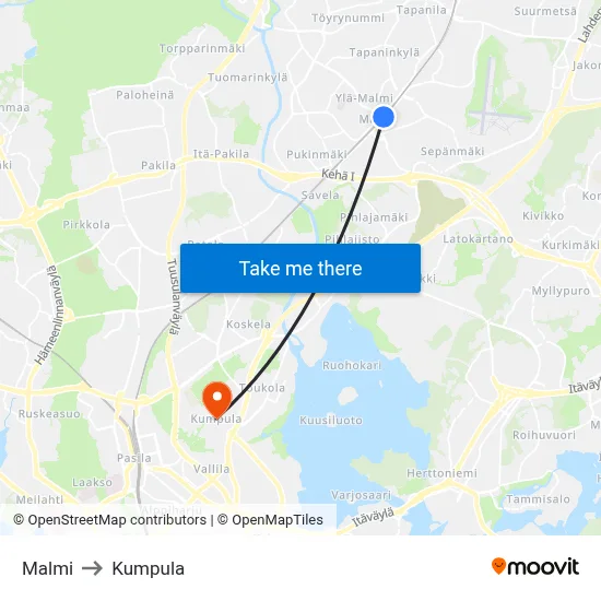 Malmi to Kumpula map