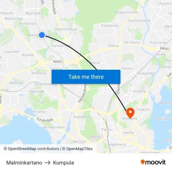 Malminkartano to Kumpula map