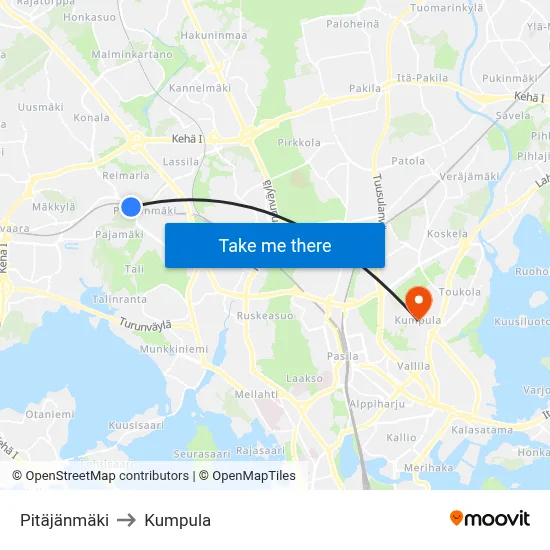 Pitajanmaki to Kumpula map