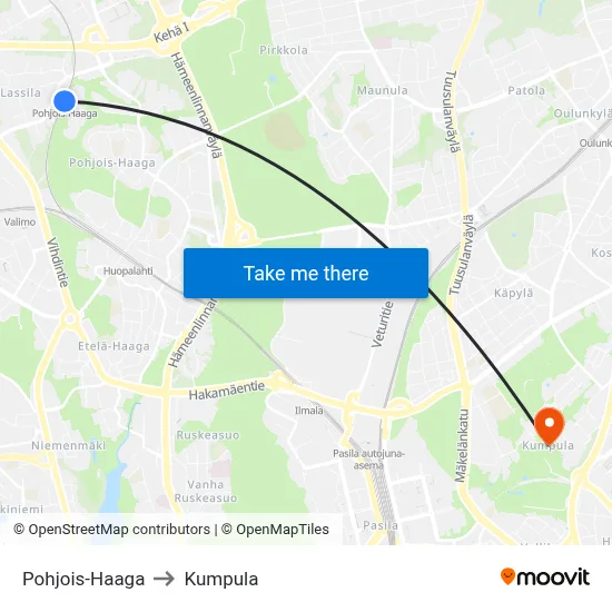 North Haaga to Kumpula map