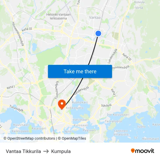 Vantaa Tikkurila to Kumpula map