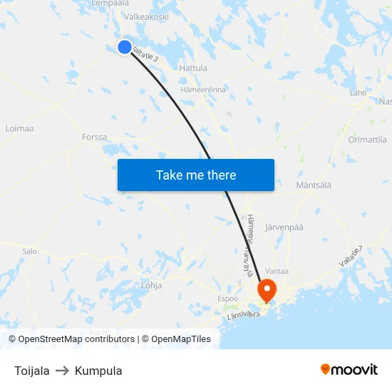 Toijala to Kumpula map