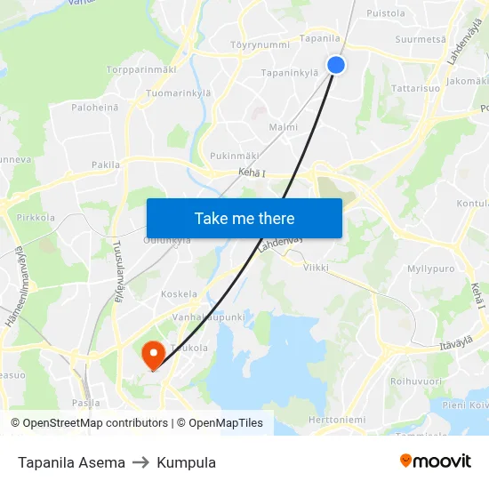 Tapanila Asema to Kumpula map