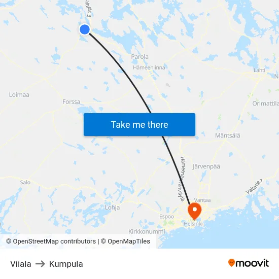 Viiala to Kumpula map