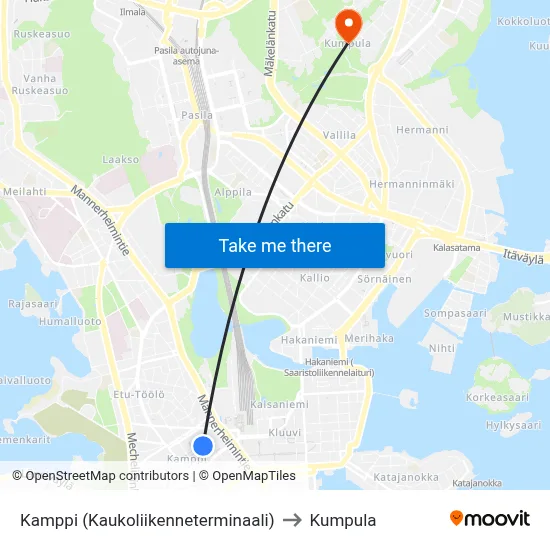 Kamppi (Long-distance Terminal) to Kumpula map