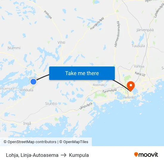 Lohja Bus Station to Kumpula map