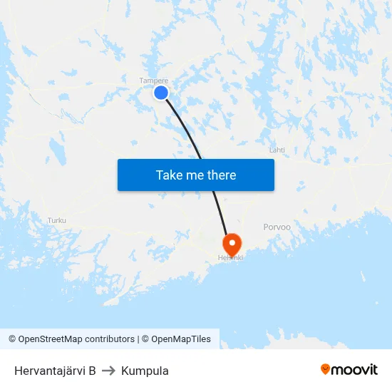 Hervantajärvi B to Kumpula map