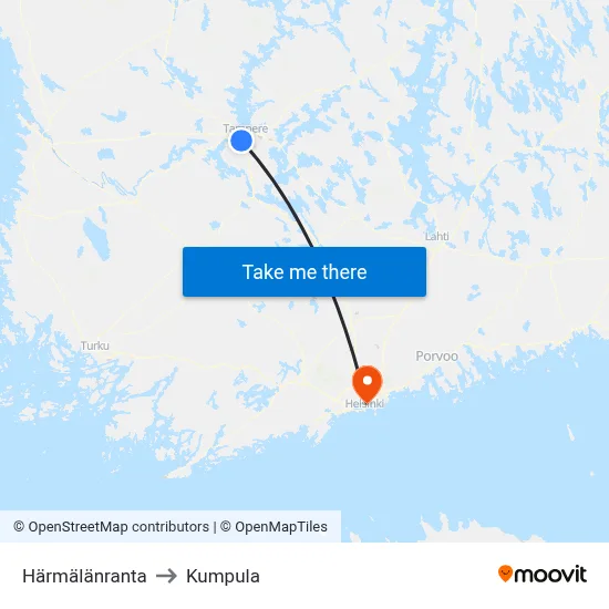 Harmalanranta to Kumpula map
