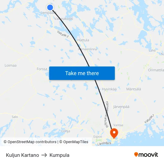 Kulju Manor to Kumpula map
