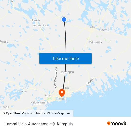 Lammi Bus Station to Kumpula map