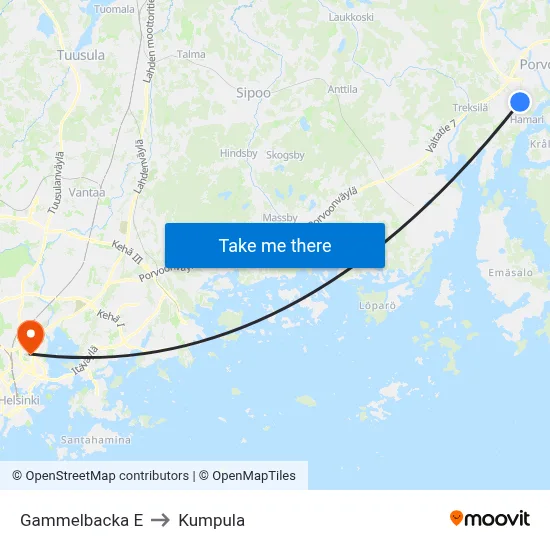 Gammelbacka East to Kumpula map