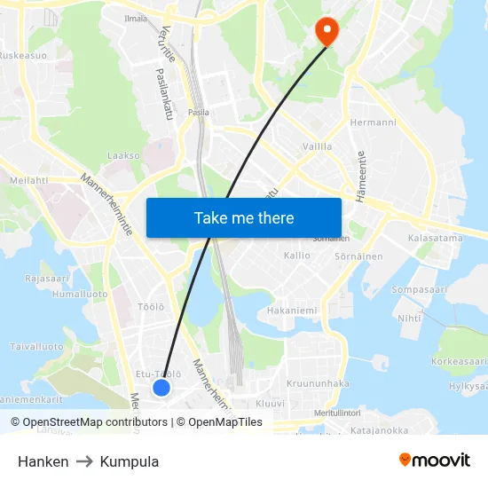Hanken to Kumpula map