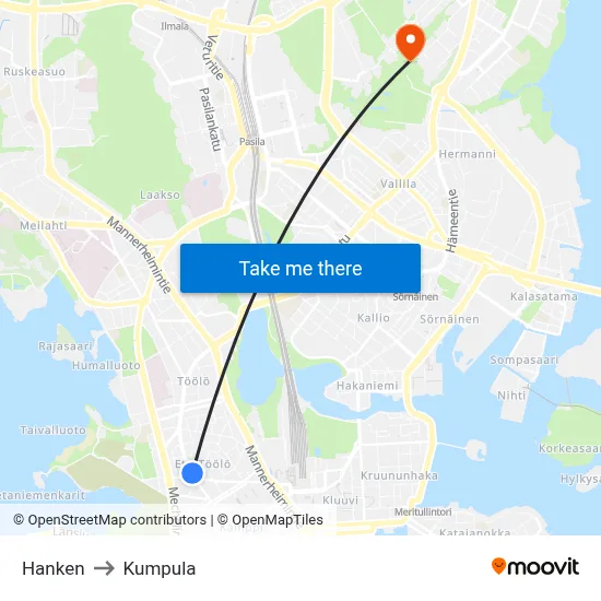 Hanken to Kumpula map