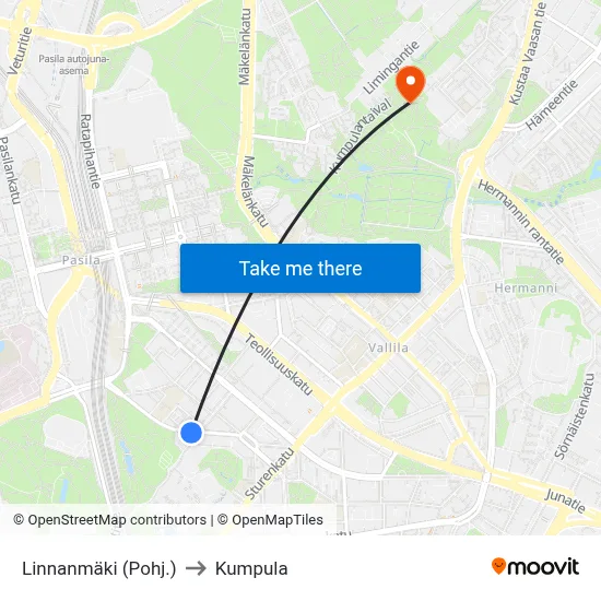 Linnanmäki (North) to Kumpula map