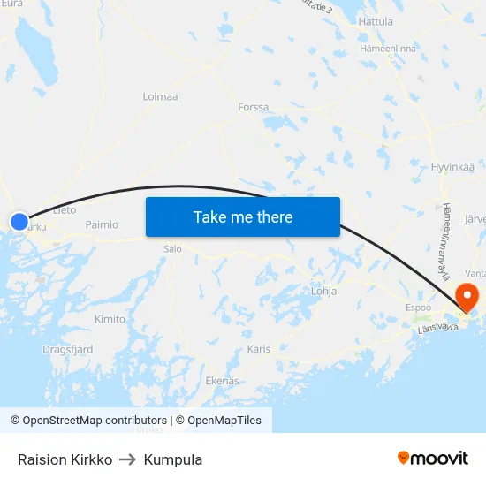 Raisio Church to Kumpula map