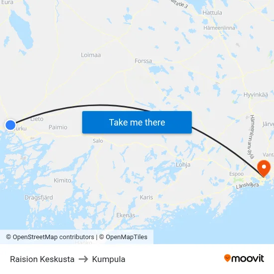 Raisio Center to Kumpula map