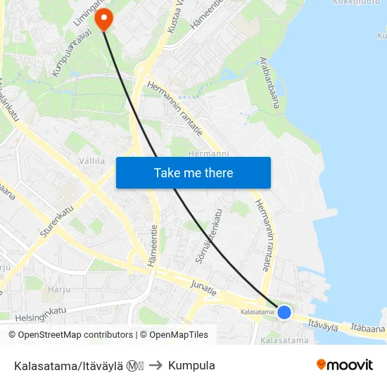 Kalasatama/Itäväylä Ⓜ️🛍️ to Kumpula map