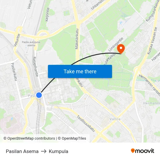 Pasila Station to Kumpula map