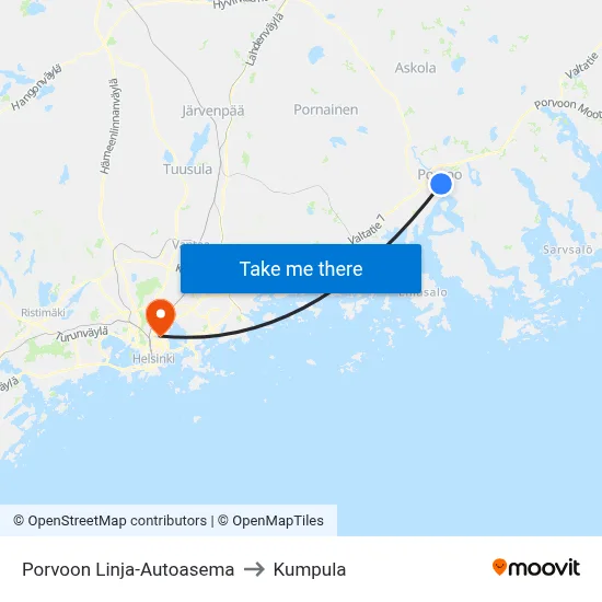 Porvoon Linja-Autoasema to Kumpula map