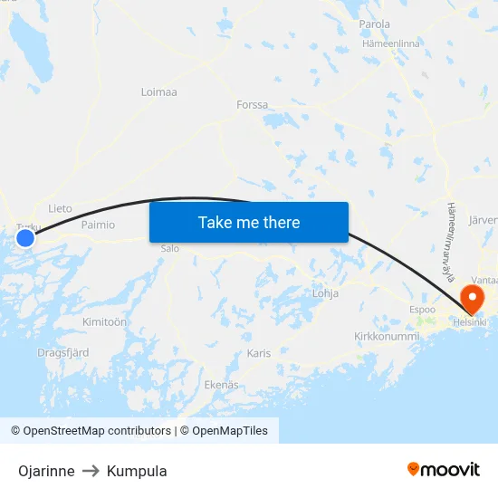 Ojarinne to Kumpula map