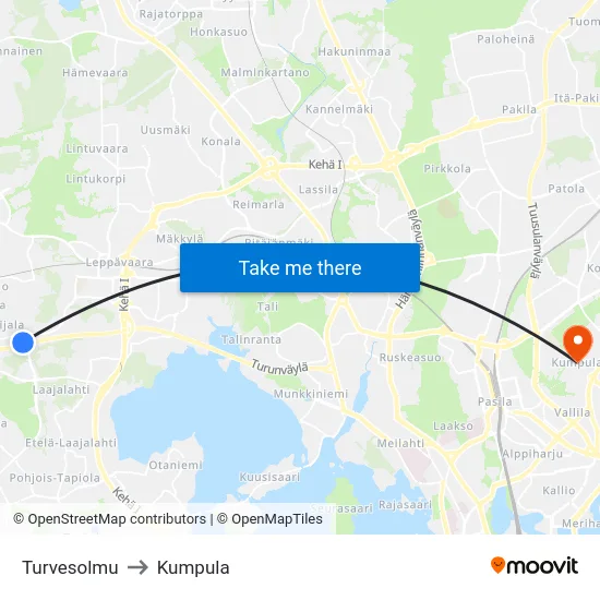 Turvesolmu to Kumpula map