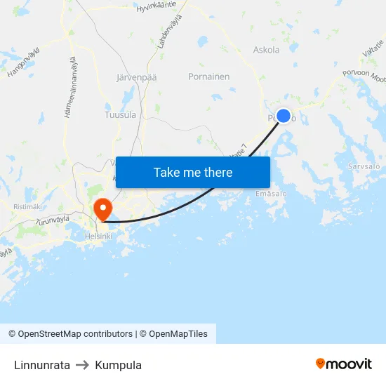Linnunrata to Kumpula map