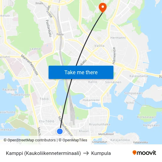 Kamppi (Long-distance Terminal) to Kumpula map