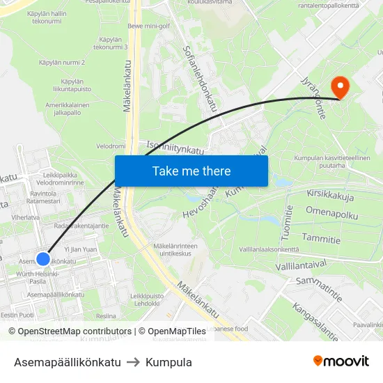 Asemapäällikönkatu to Kumpula map