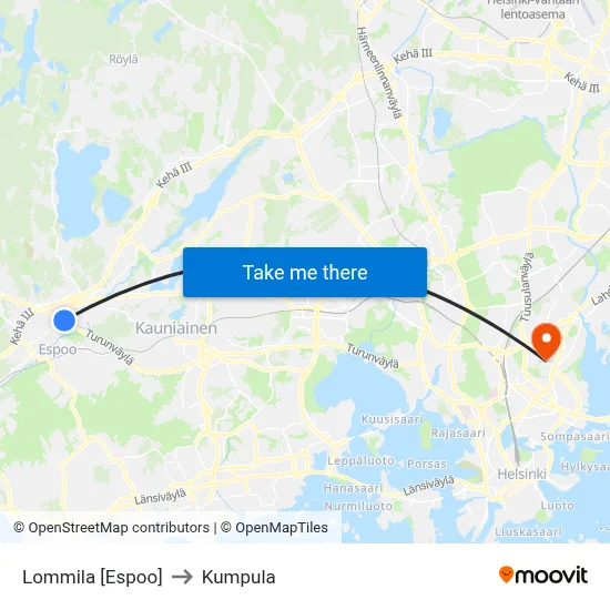 Lommila [Espoo] to Kumpula map