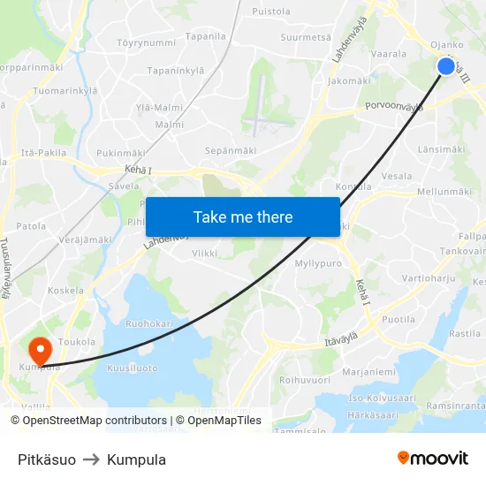 Pitkäsuo to Kumpula map