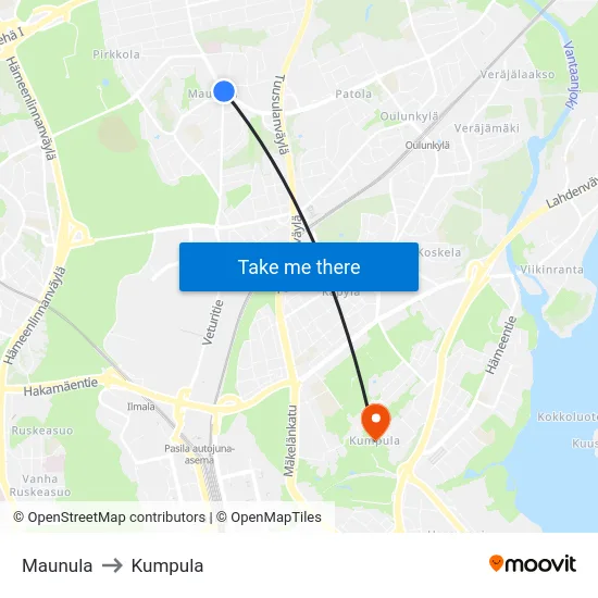 Maunula to Kumpula map