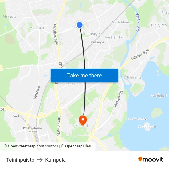 Teininpuisto to Kumpula map